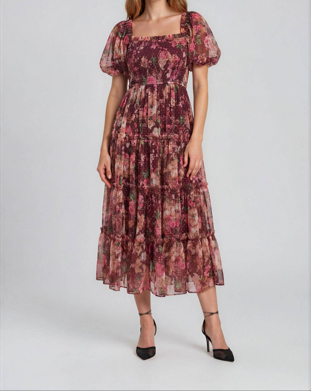 Floral Tulle Puff Sleeve Midi Dress in Burgundy 2880