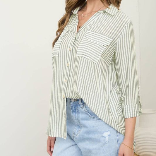 Woman's Striped Collared Button Down with Pockets