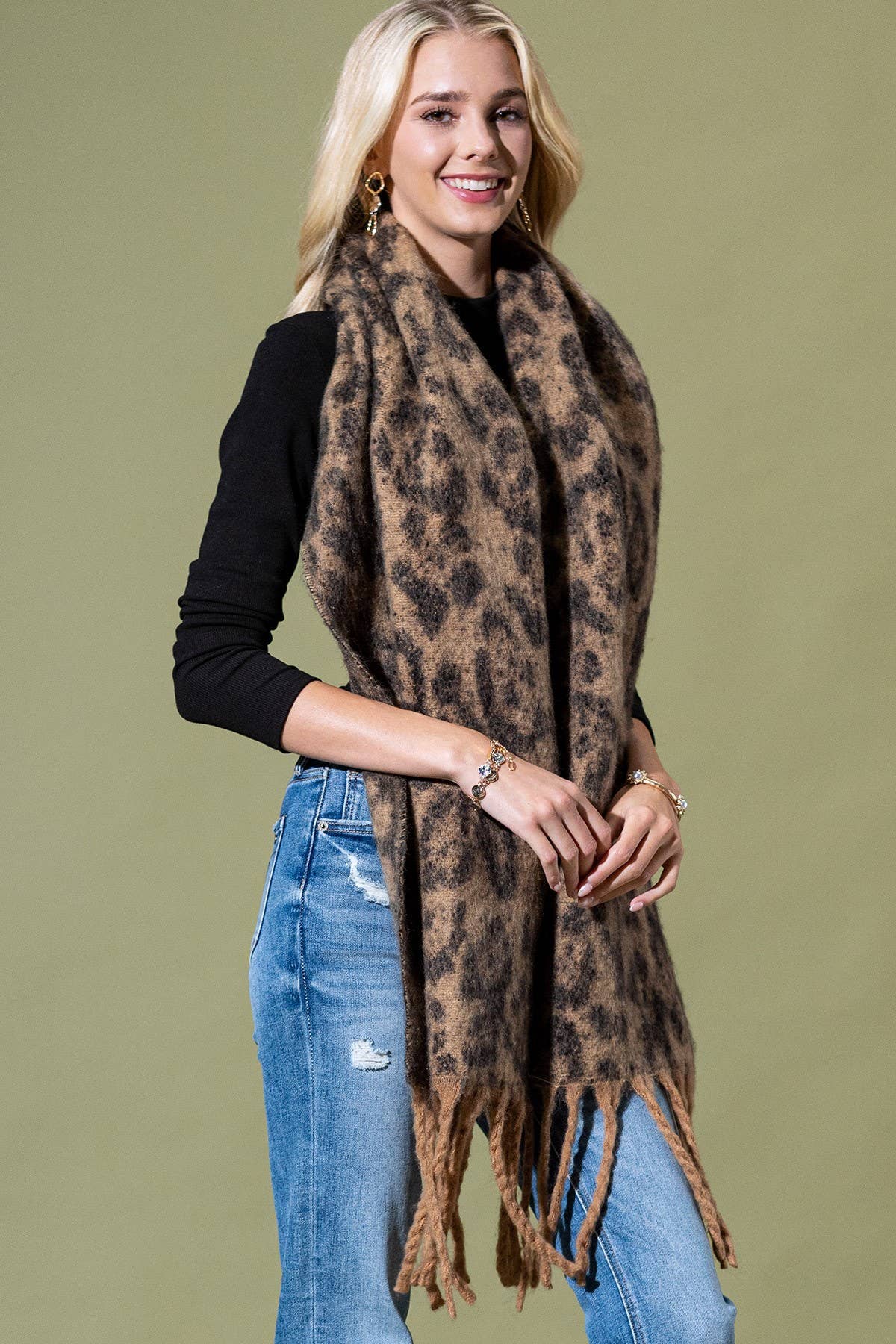 Taupe Leopard Print Fringed Scarf