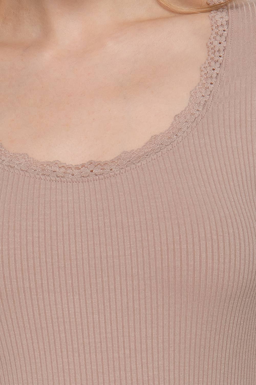 Khaki Long Sleeve Scoop Neck with Lace Trim Rib Knit Top 2915