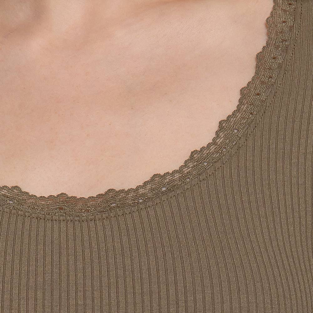 Close-up of a ribbed green garment with lace trim.