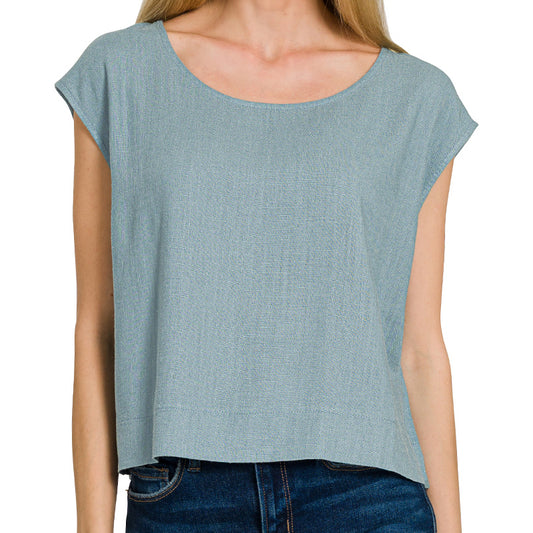 Blue Grey Drape Linen Blend Tank – Lightweight Sleeveless Top with Soft Flow