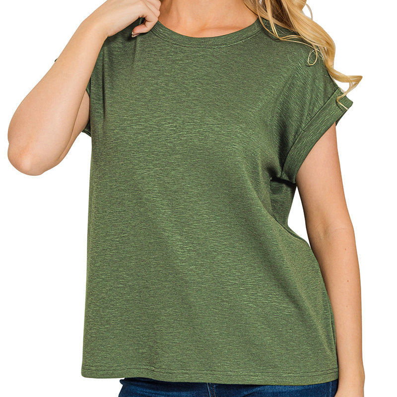 Army Green Cotton Modal Slub Rolled Sleeve Tee – Women’s Soft Casual Top