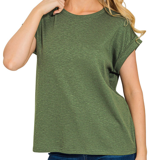 Army Green Cotton Modal Slub Rolled Sleeve Tee – Women’s Soft Casual Top