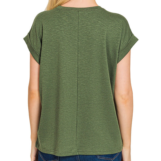 Army Green Cotton Modal Slub Rolled Sleeve Tee – Women’s Soft Casual Top