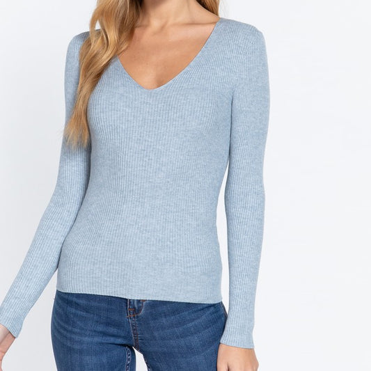 Classic Ribbed V-Neck Sweater in Lt Blue