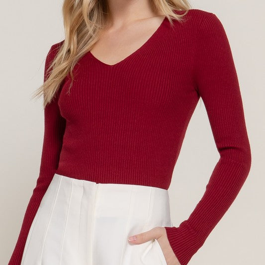 Classic Ribbed V-Neck Sweater in Wine