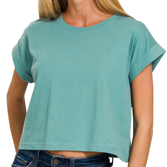 Dusty Teal Cotton Folded Sleeve Top – Soft Everyday Essential with Rolled Sleeves