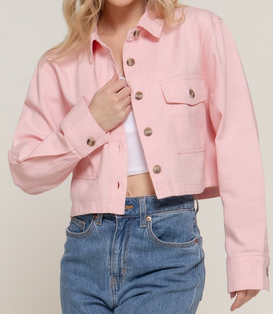 The Cropped Boyfriend Shacket in Blush Pink