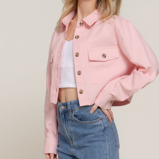 The Cropped Boyfriend Shacket in Blush Pink