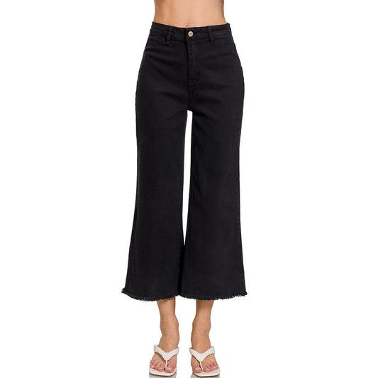 Black High Waist Straight Pants with Frayed Hem – Women’s Stretch Denim
