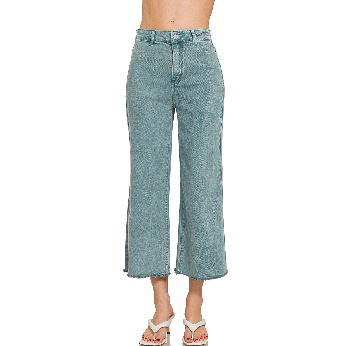 Teal High Waist Straight Pants with Frayed Hem – Women’s Stretch Denim