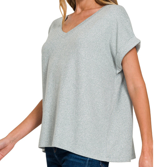 Drop Shoulder Hacci Knit Top in Blue Grey – Women’s Soft Cozy Pullover