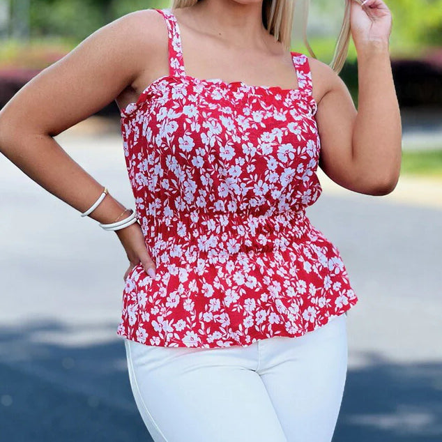Floral Gauze Knit Tank in Red
