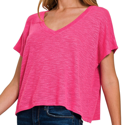 Drop Shoulder Hacci Crop Top in Hot Pink