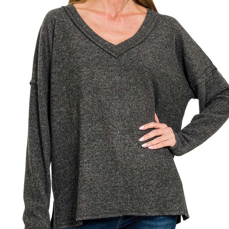 Ribbed V-Neck Drop Shoulder Top in Black 2907