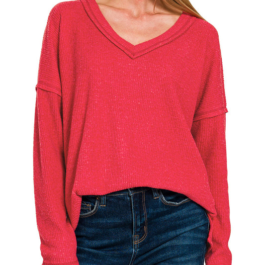 Ribbed V-Neck Drop Shoulder Top in Red 2908