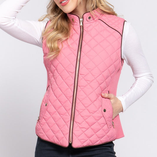 Quilted Vest with Side Ribbing in Pink