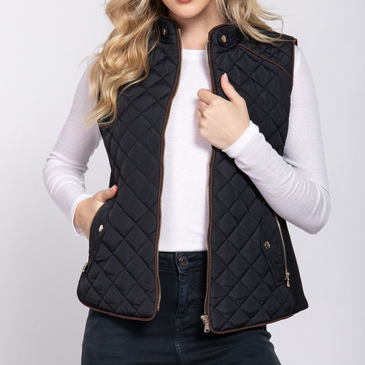 Quilted Vest with Side Ribbing in Black