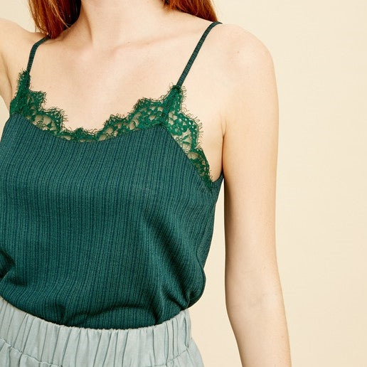 Ladylike Lace Trim Camisole in Hunter Green