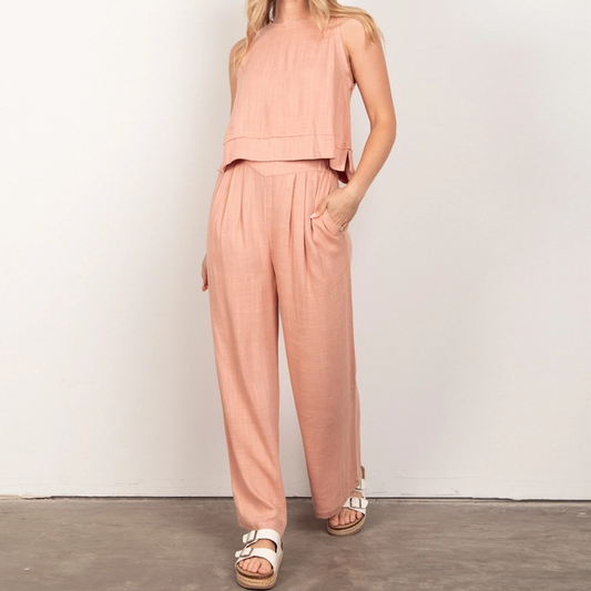 Linen tank and wide leg pant matching set on model
