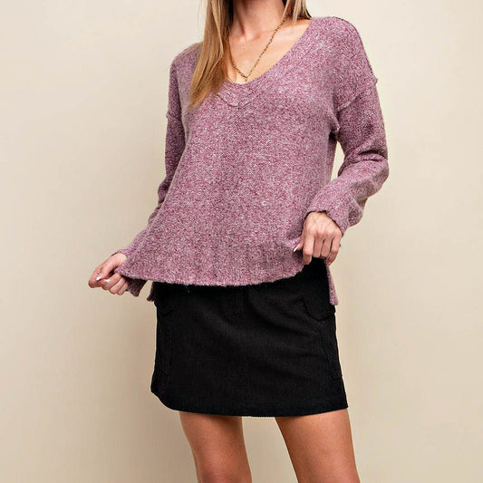 Soft and Cozy V Neck Long Sleeve Sweater in Burgundy