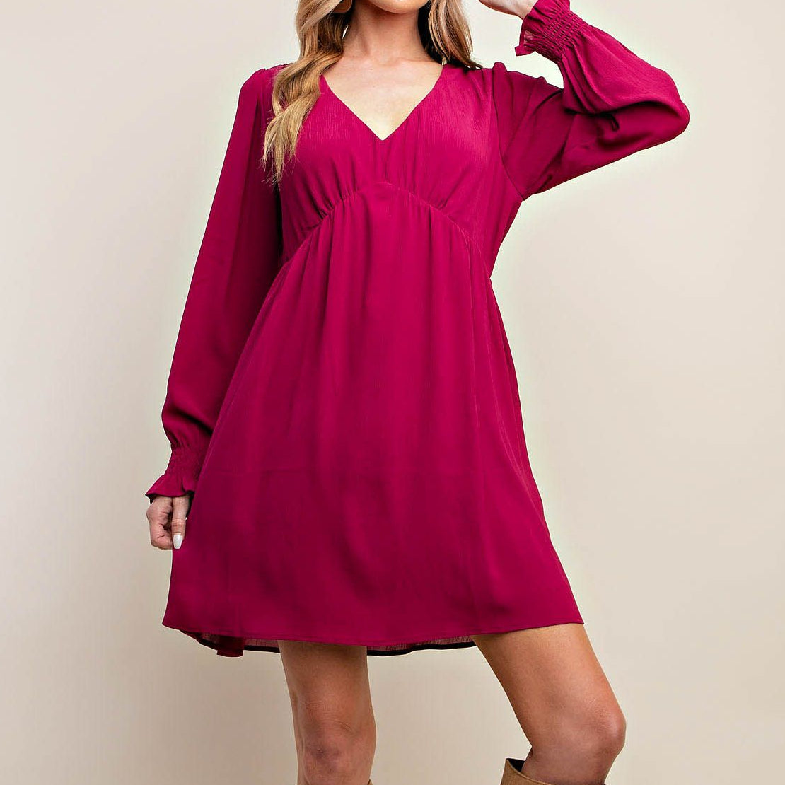 Long Sleeve Chiffon Dress in Magenta