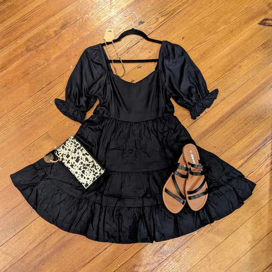 Puffed Sleeve Tiered Dress in Black