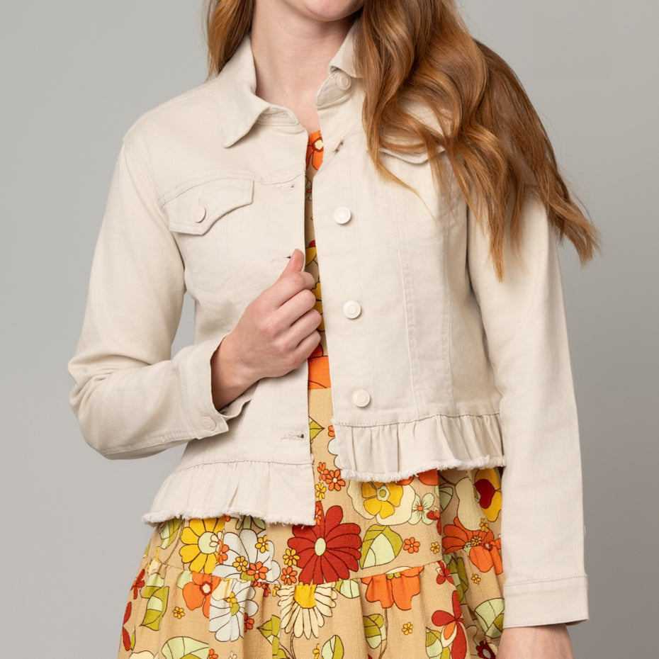 Peplum Hem Denim Jacket in Stone