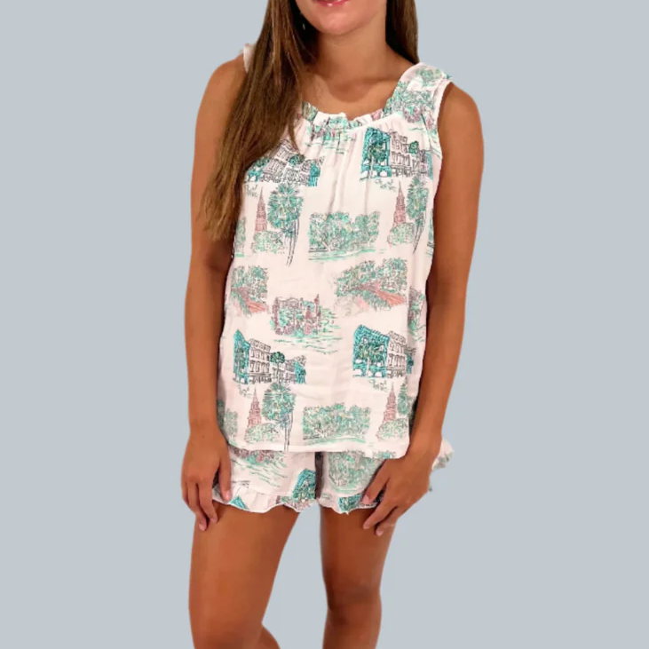 Pink Charleston Scene Ruffle Tank Pajama Short Set