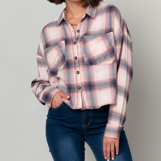 Plaid Button Front Top w/ Patch Pockets