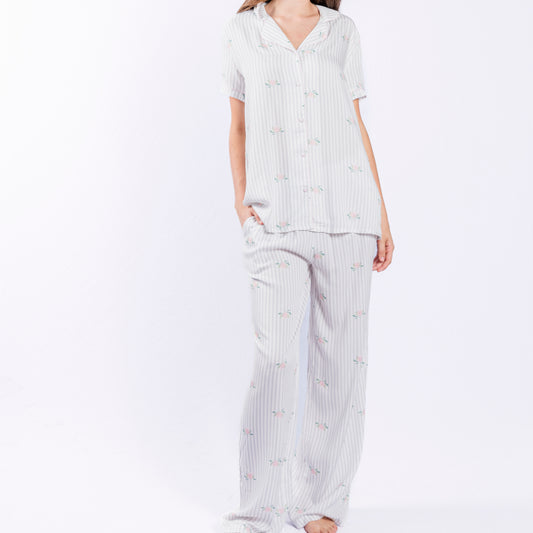 Protea Floral Jacquard Satin Pajama Set – Long Pants & Button-Up Top