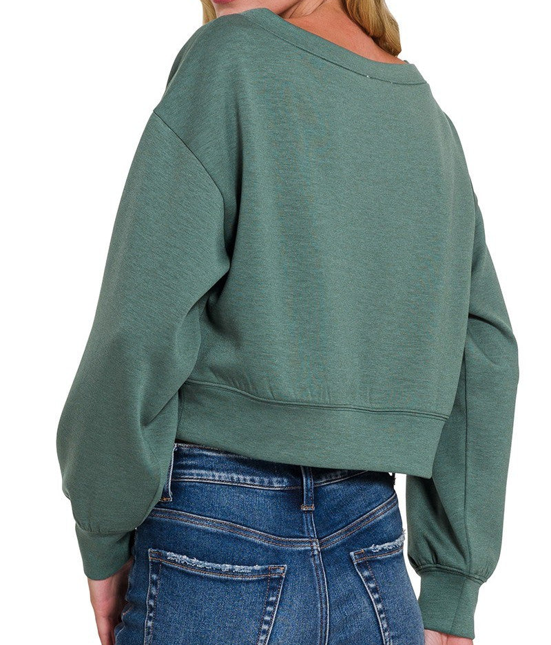 Ash Jade Scuba Cropped Boat Neck Pullover Sweatshirt – Women’s Casual Long Sleeve Top