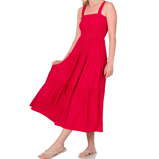 Sleeveless Smocked Tiered Dress in Red