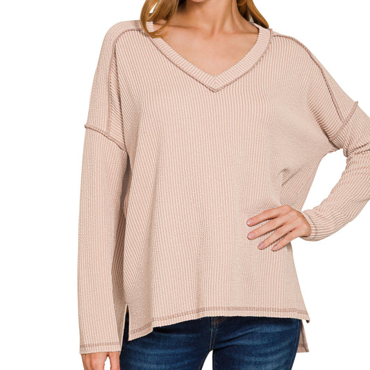 Ash Mocha Textured Rib Knit Long Sleeve Top with Hi-Low Hem