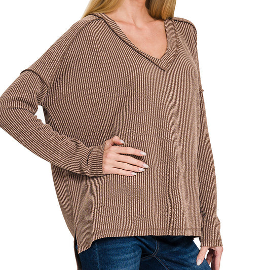 Brown Textured Rib Knit Long Sleeve Top with Hi-Low Hem