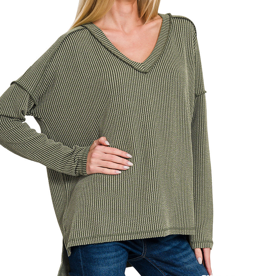 Olive Textured Rib Knit Long Sleeve Top with Hi-Low Hem