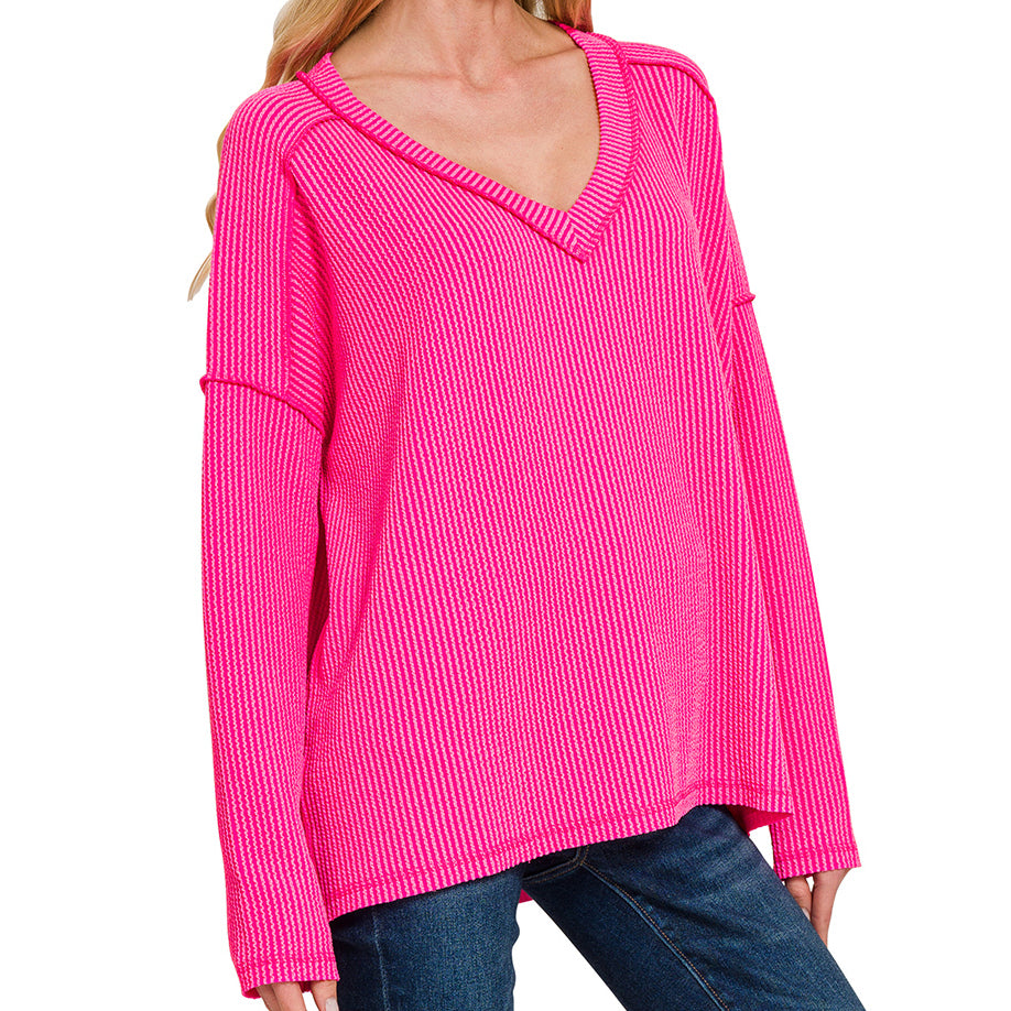 Hot Pink Textured Rib Knit Long Sleeve Top with Hi-Low Hem