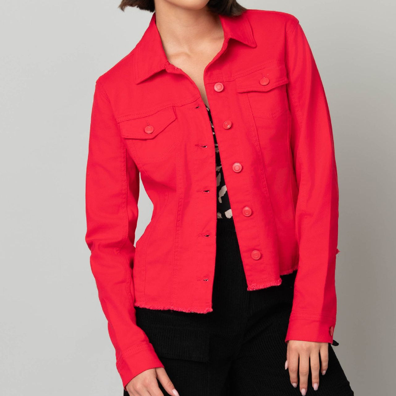 Red Frayed Stretch Denim Jacket