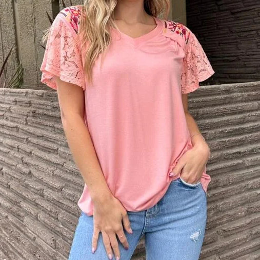 Embroidered Top with Lace Sleeves in Blush