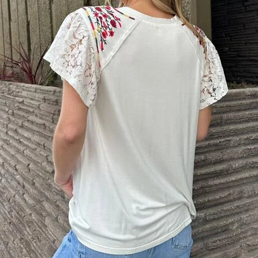 Embroidered Top with Lace Sleeves in White