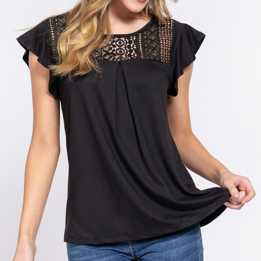 Ruffle Short Sleeve Top with Lace Insert in Black