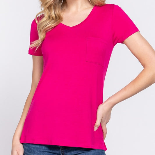 V is for Victory Relaxed Pocket Tee in Hot Pink