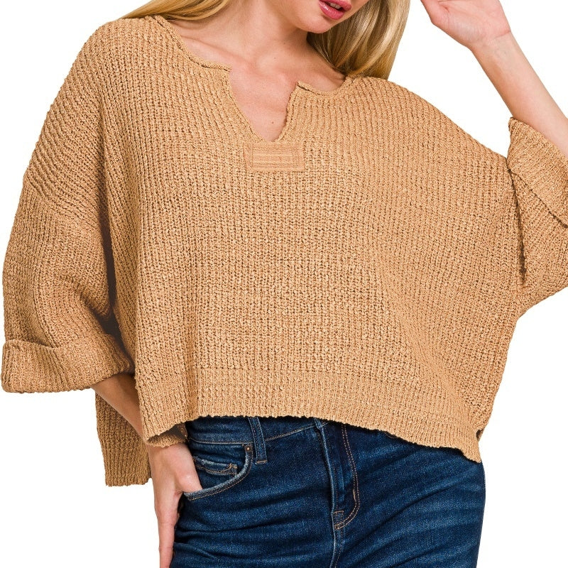 Front Slit Folded Sleeve Pullover in Camel 2885