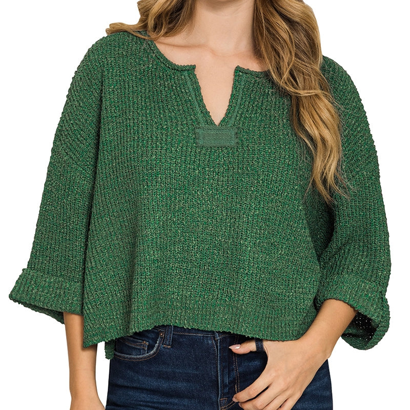 Front Slit Folded Sleeve Pullover in Dk Green 2886