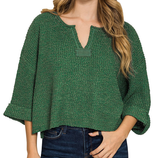 Front Slit Folded Sleeve Pullover in Dk Green 2886