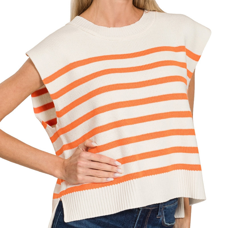 Orange Striped Crew Neck Sweater Vest – Classic Knit Sleeveless Pullover 2889