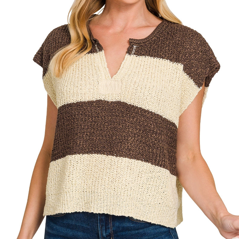 Striped Split-Neck Sweater Vest in Brown 2891