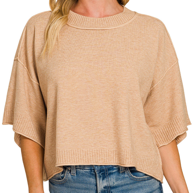 Viscose Mock Neck Short Sleeve Boxy Sweater in Beige 2901