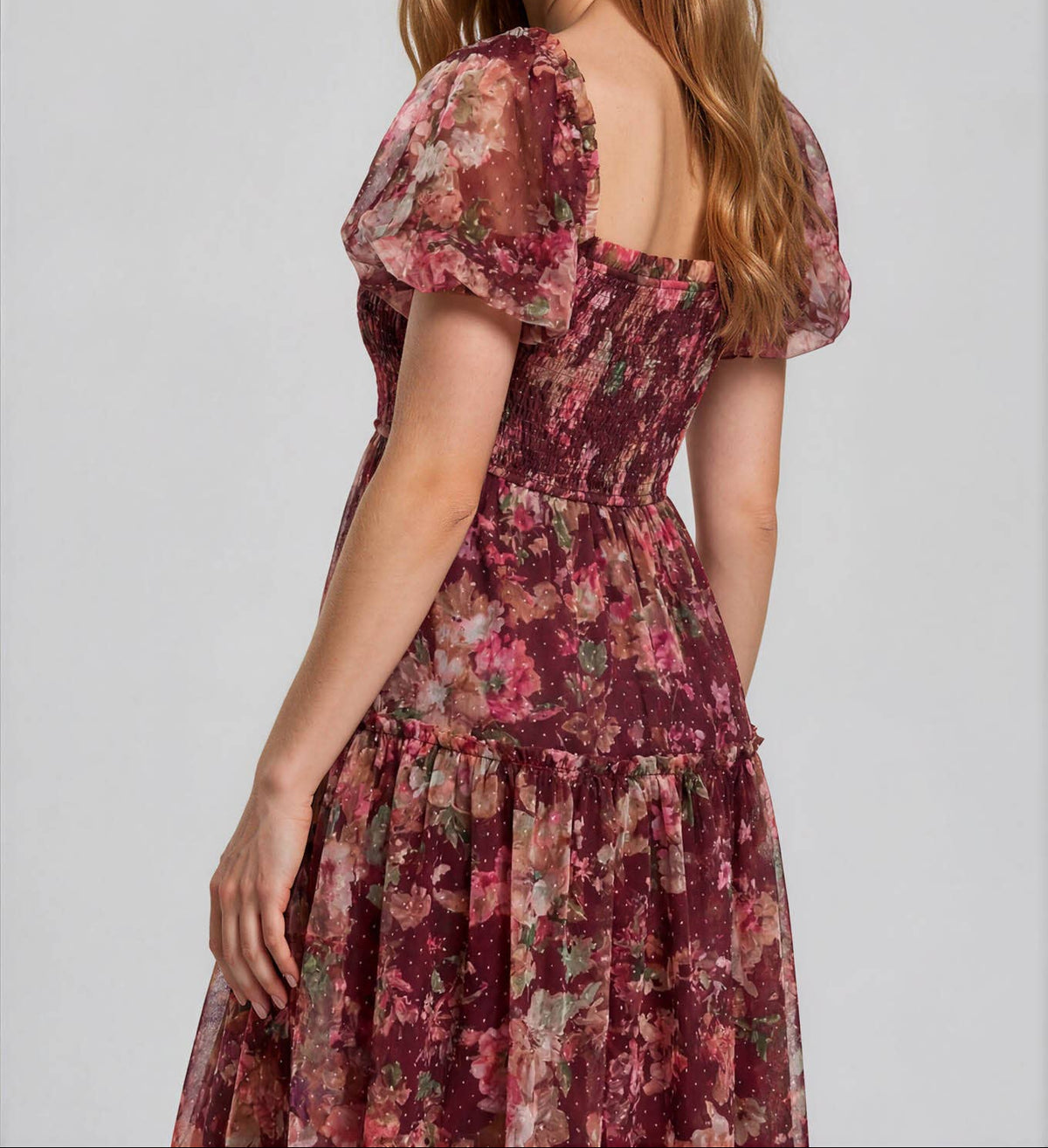 Floral Tulle Puff Sleeve Midi Dress in Burgundy 2880